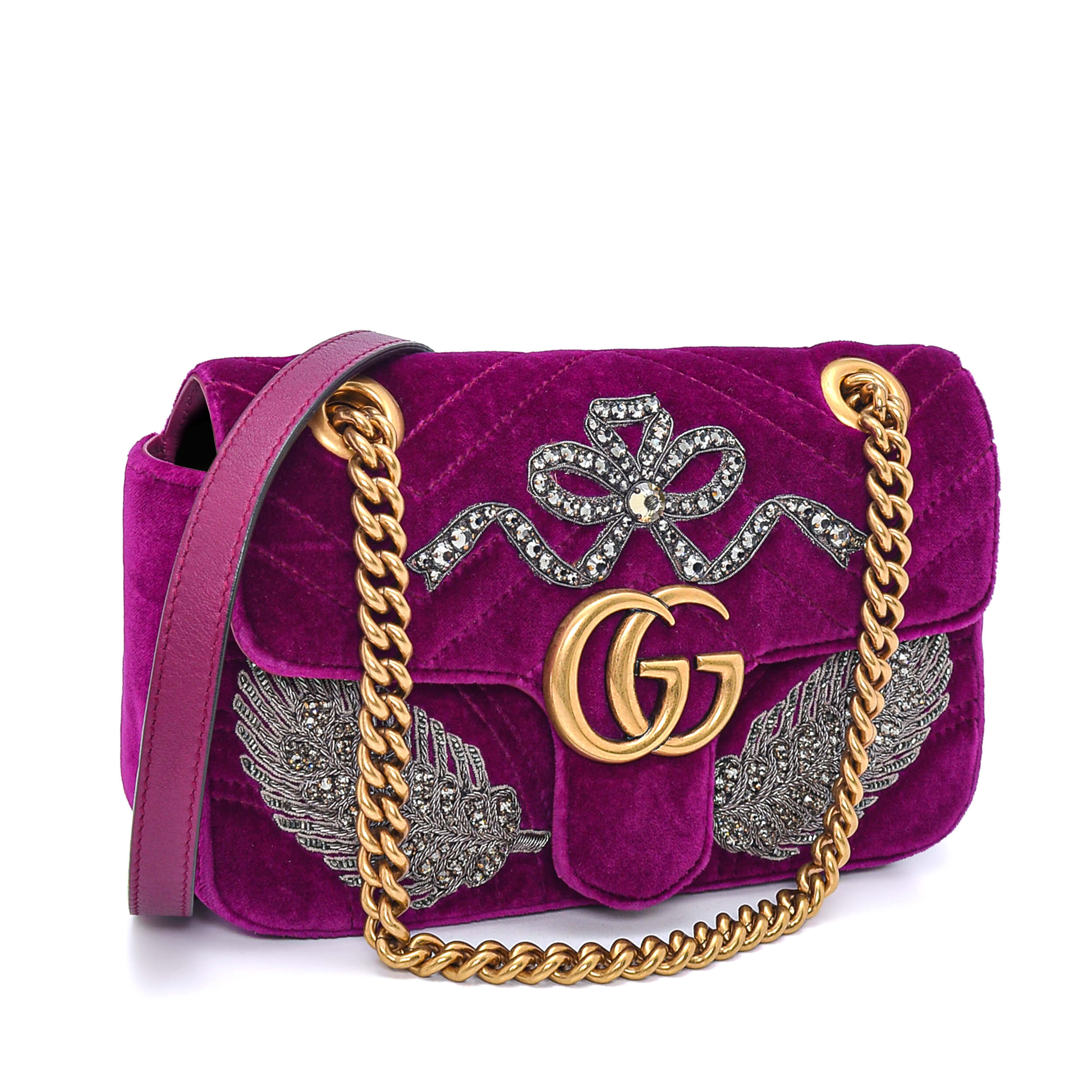 Gucci - Purple Velvet Crystal Embellished Smal Marmont Matelasse Bag